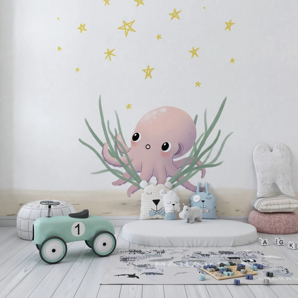 Papel de parede quarto bebê | Pequeno polvo e estrelas brilhantes