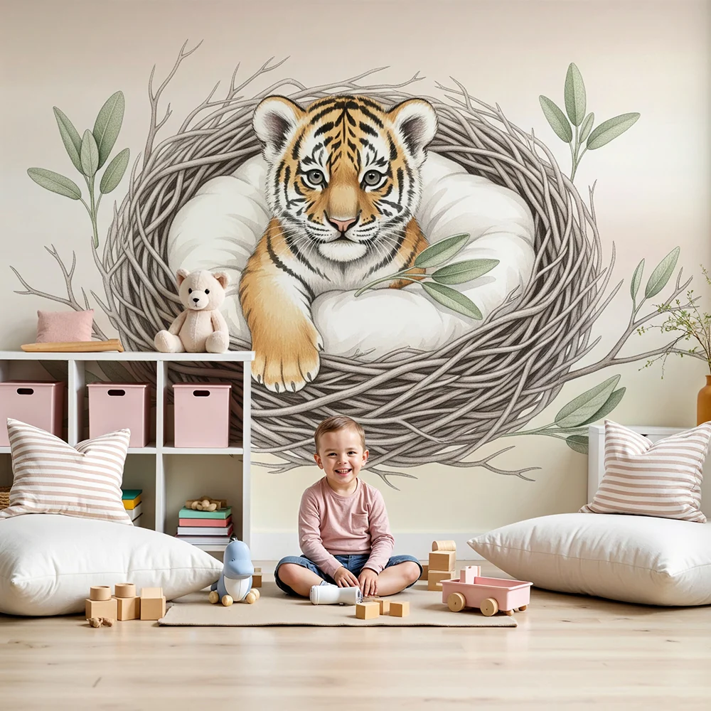 Papel de parede quarto bebê | Pequeno tigre em seu ninho aconchegante