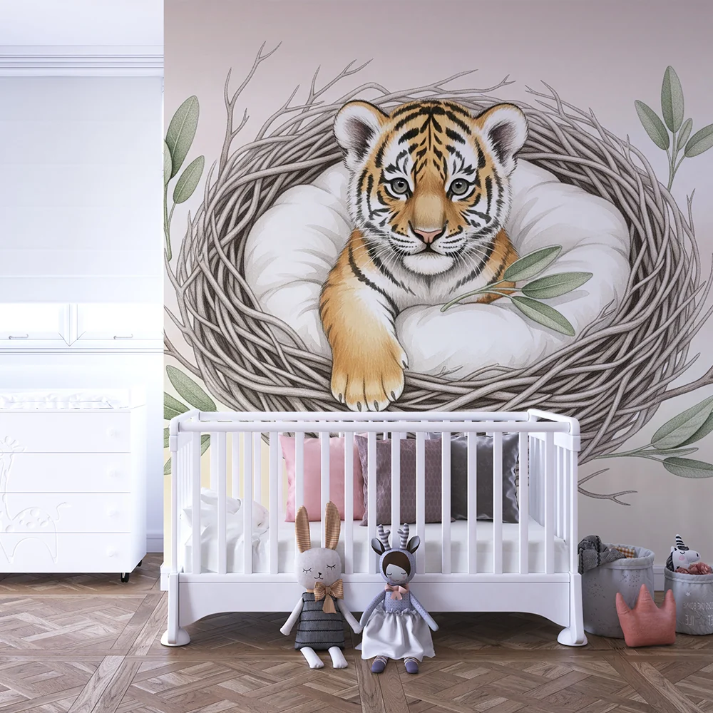 Papel de parede quarto bebê | Pequeno tigre em seu ninho aconchegante