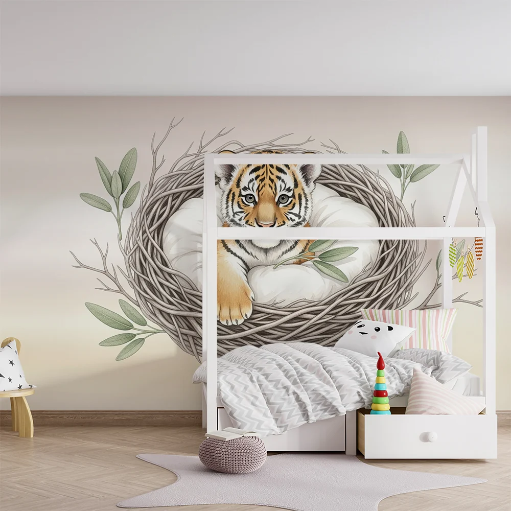 Papel de parede quarto bebê | Pequeno tigre em seu ninho aconchegante