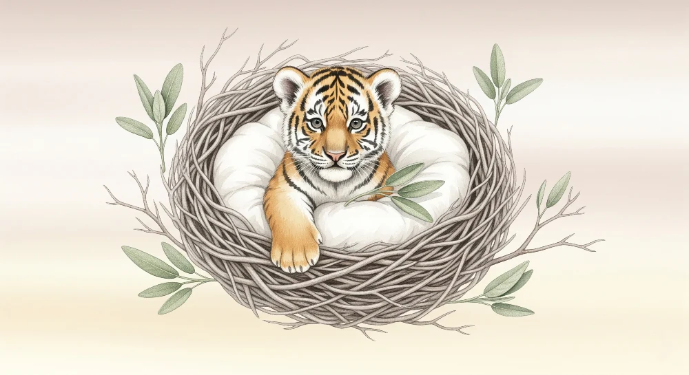 Papel de parede quarto bebê | Pequeno tigre em seu ninho aconchegante