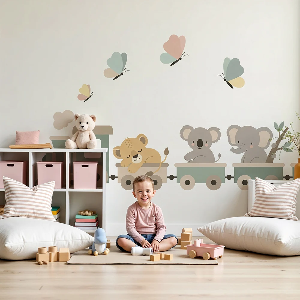 Papel de parede quarto bebê | Pequeno trem e animais fofos