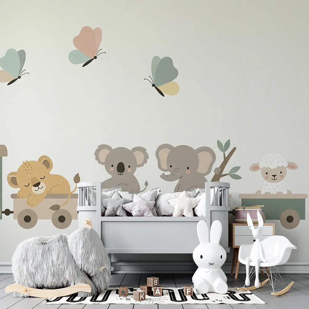 Papel de parede quarto bebê | Pequeno trem e animais fofos