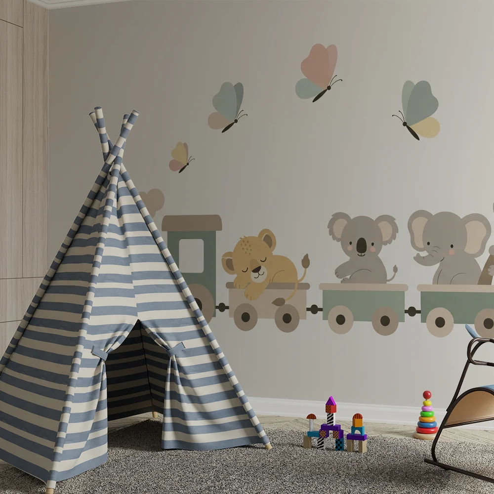 Papel de parede quarto bebê | Pequeno trem e animais fofos