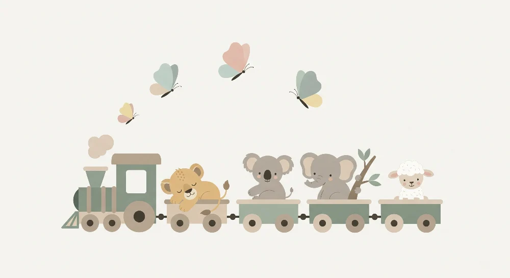 Papel de parede quarto bebê | Pequeno trem e animais fofos