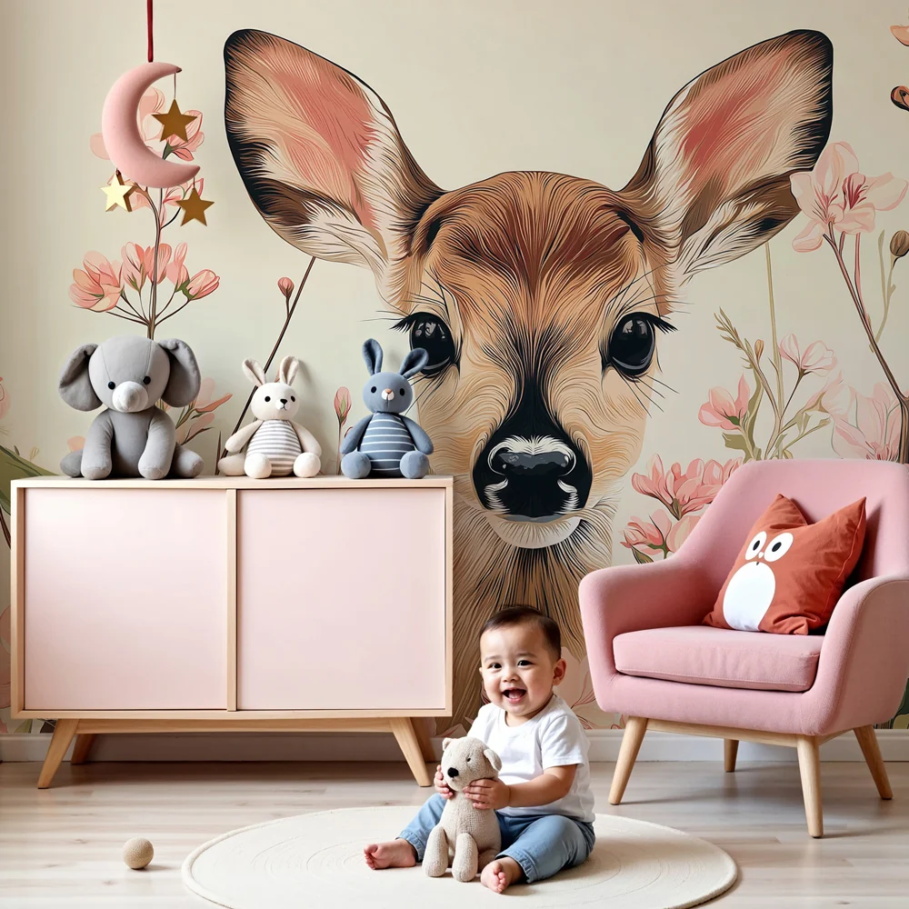 Papel de parede quarto bebê | Pequeno veado e flores delicadas