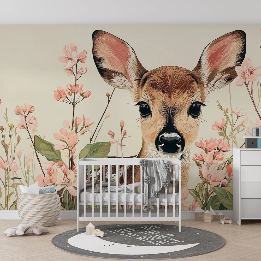 Papel de parede quarto bebê | Pequeno veado e flores delicadas