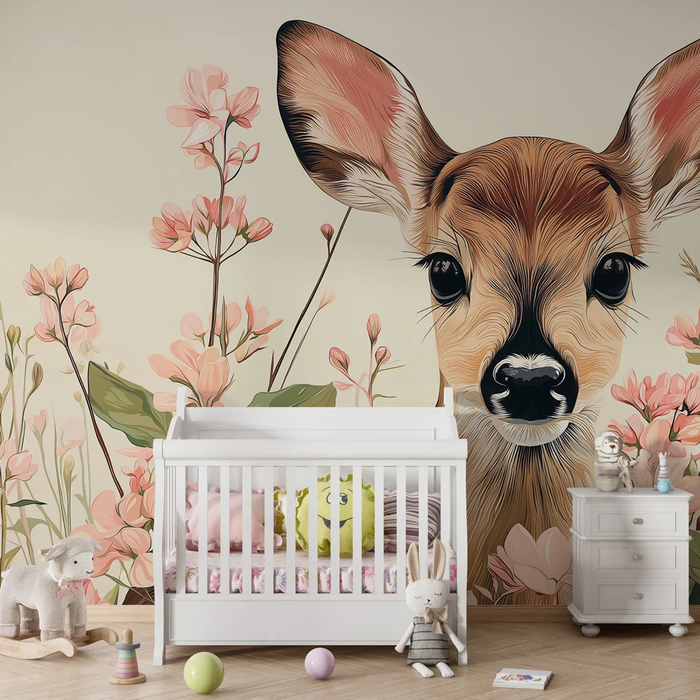 Papel de parede quarto bebê | Pequeno veado e flores delicadas
