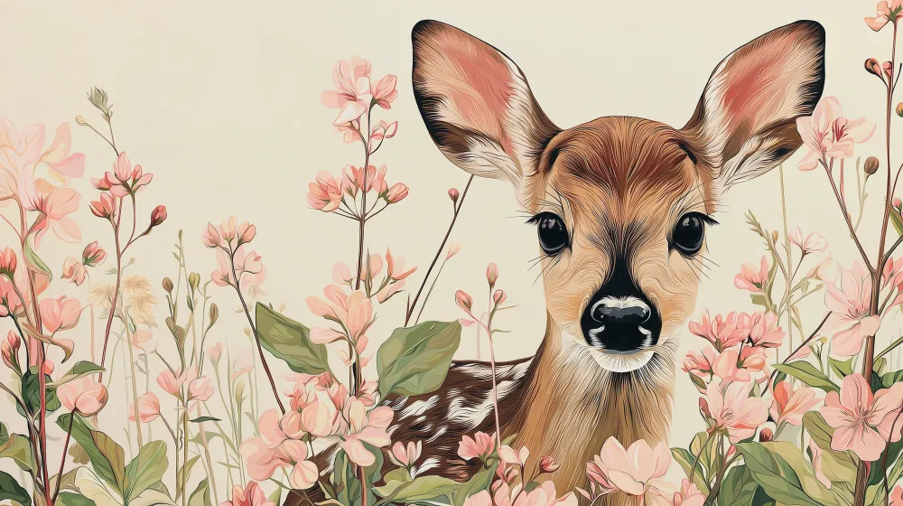 Papel de parede quarto bebê | Pequeno veado e flores delicadas