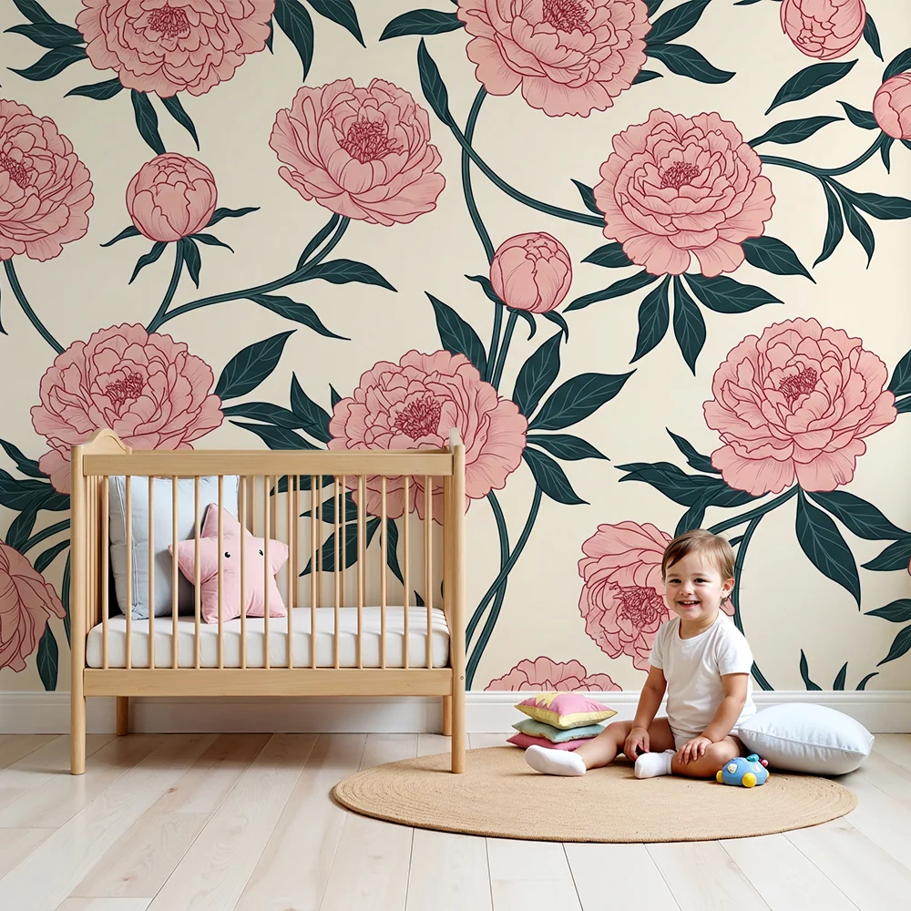 Papel de parede quarto bebê | Rosas de peônia em fundo creme