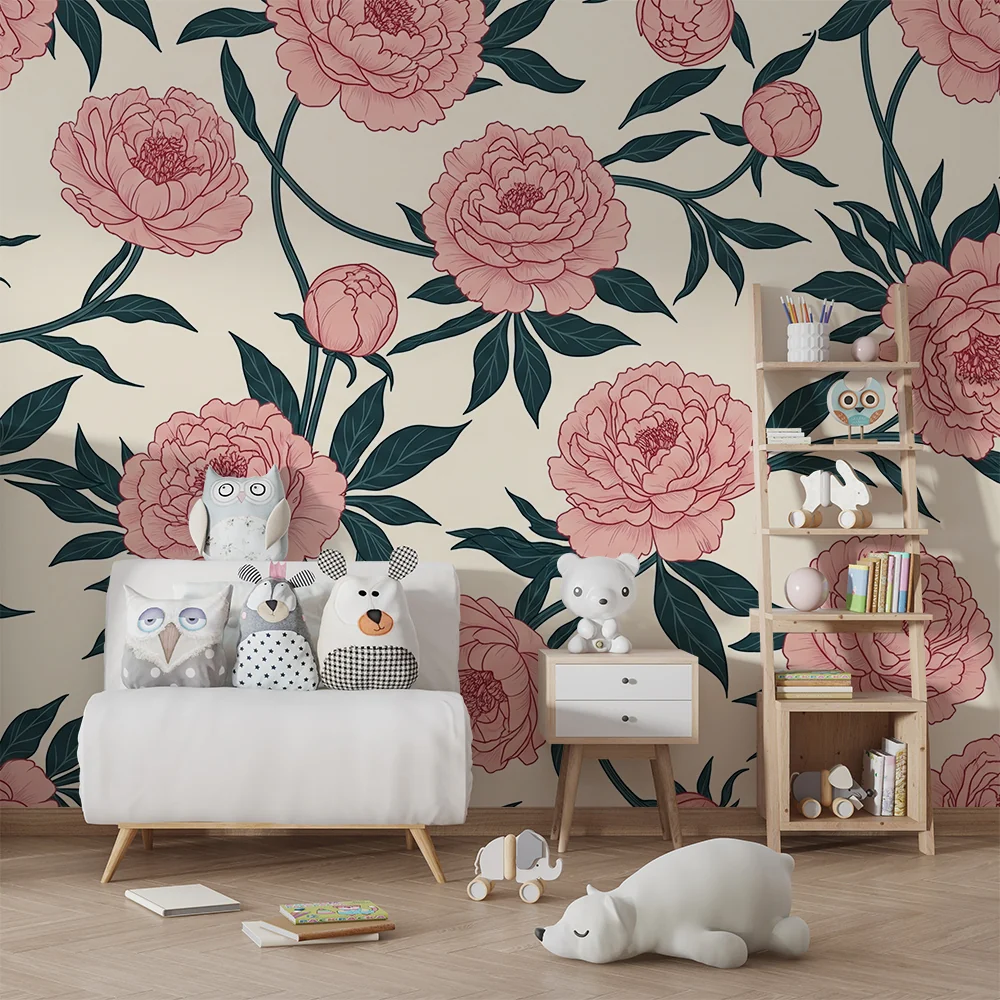 Papel de parede quarto bebê | Rosas de peônia em fundo creme