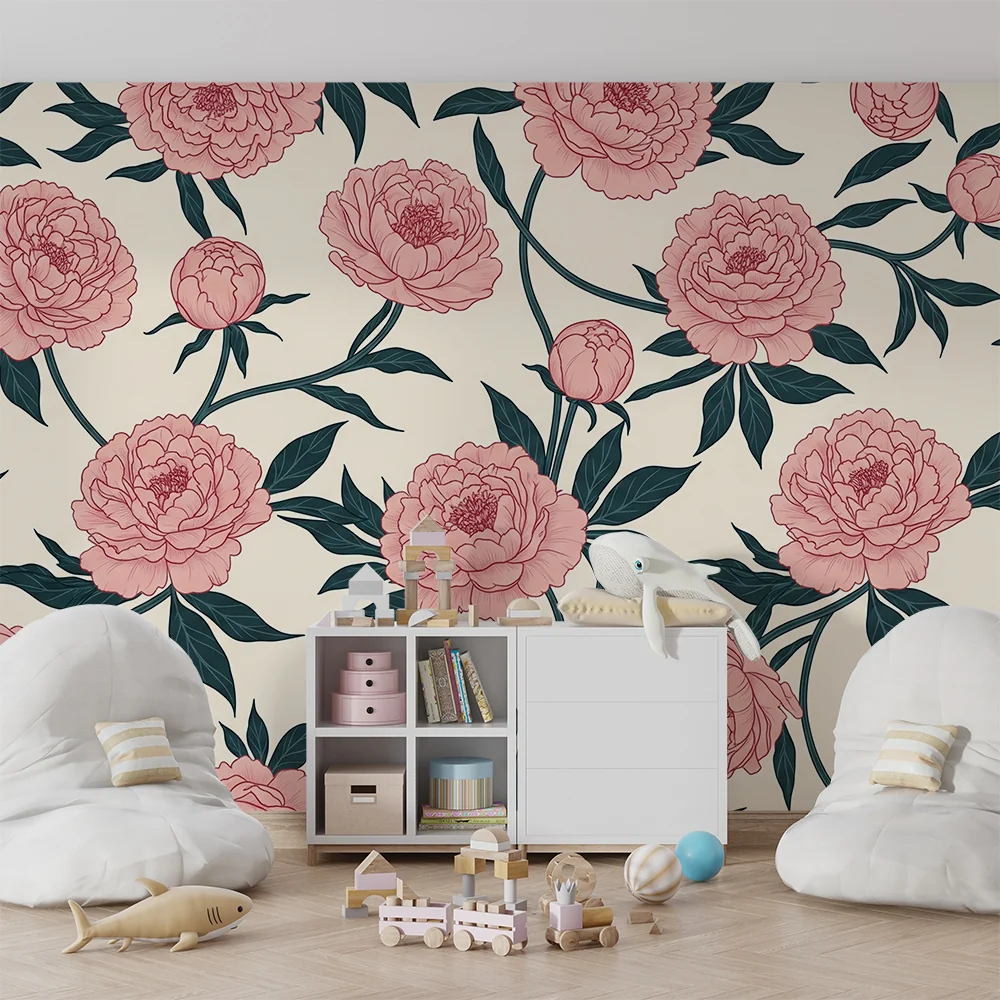 Papel de parede quarto bebê | Rosas de peônia em fundo creme