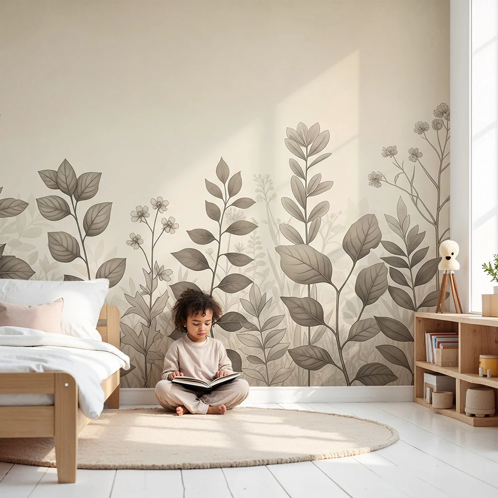 Papel de parede quarto bebê | Selvagem folhagem em tons suaves