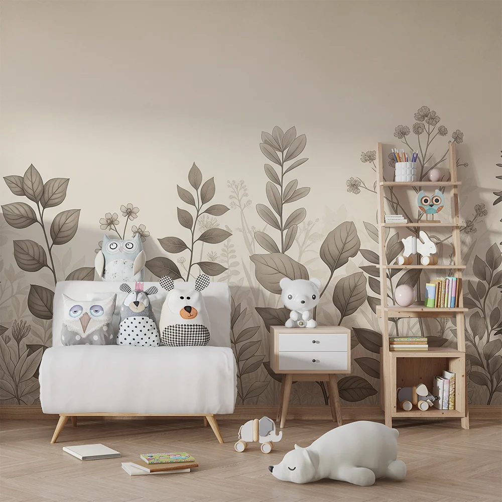 Papel de parede quarto bebê | Selvagem folhagem em tons suaves