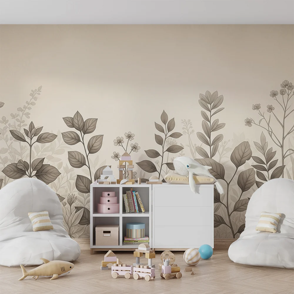 Papel de parede quarto bebê | Selvagem folhagem em tons suaves