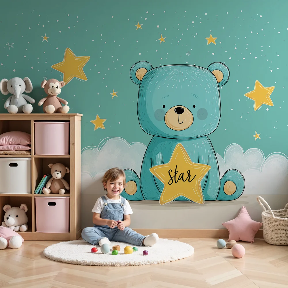 Papel de parede quarto bebê | Ursinho estrela e nuvens