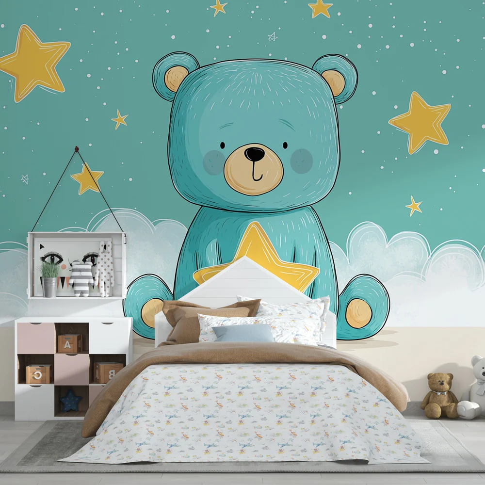 Papel de parede quarto bebê | Ursinho estrela e nuvens