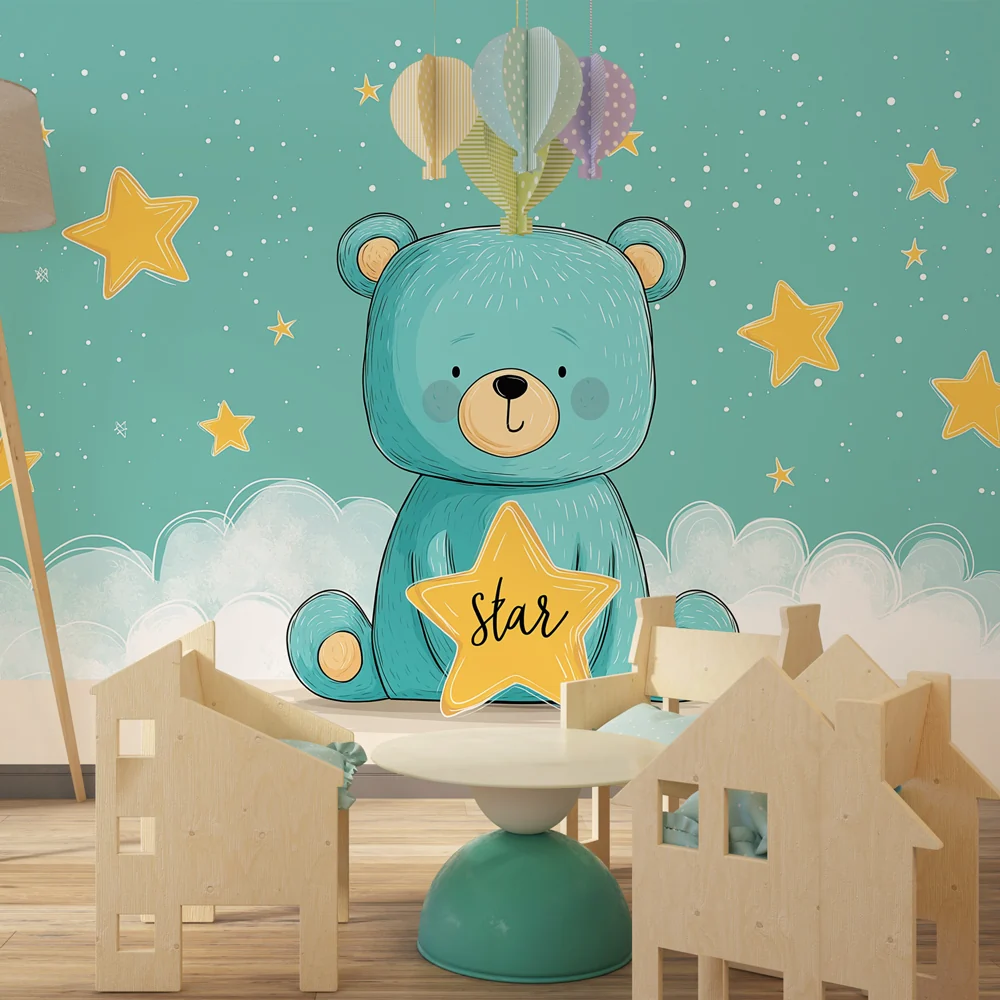 Papel de parede quarto bebê | Ursinho estrela e nuvens