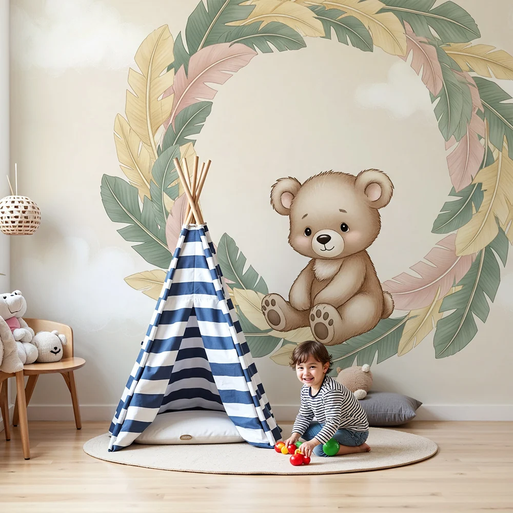 Papel de parede quarto bebê | Urso fofo e folhagem delicada
