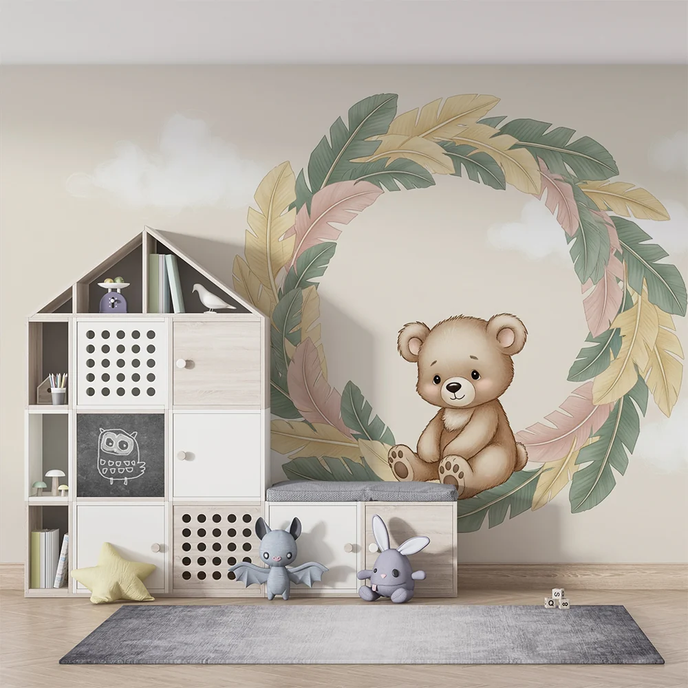 Papel de parede quarto bebê | Urso fofo e folhagem delicada