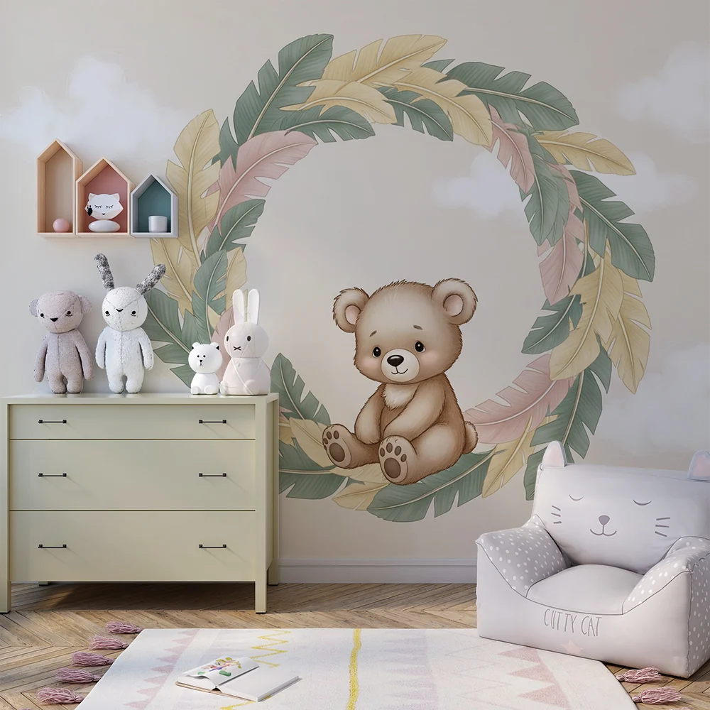 Papel de parede quarto bebê | Urso fofo e folhagem delicada