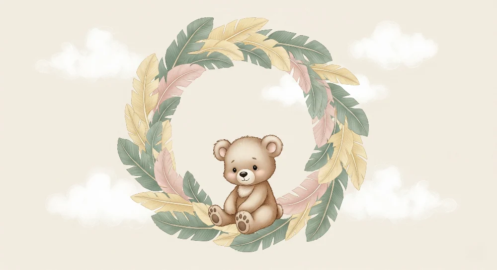 Papel de parede quarto bebê | Urso fofo e folhagem delicada