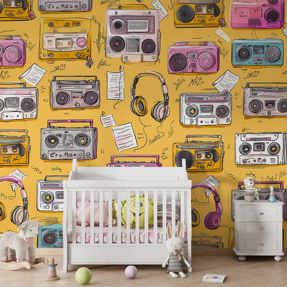 Papier peint rétro cassette | Дизайн винтидж красочен