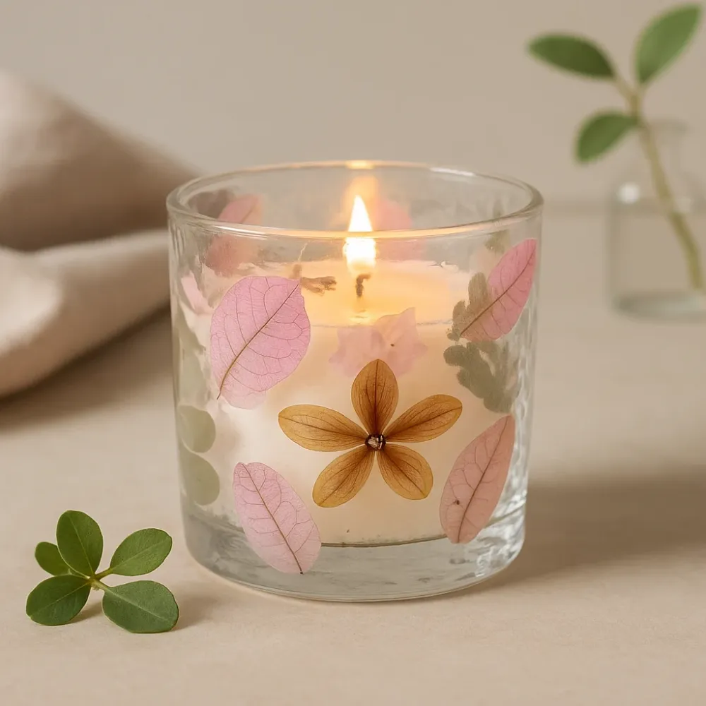 Стъклен свещник за чаена свещ с пресовани цветя Primavera 8x8cm