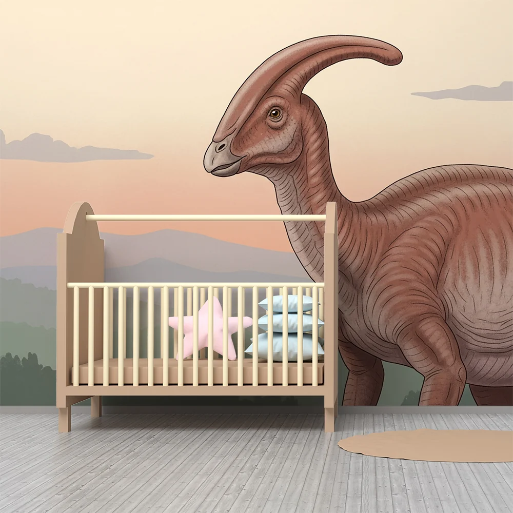 Tapet za detska staia | Dinozavur v preden plan v predistorichna peizazhna