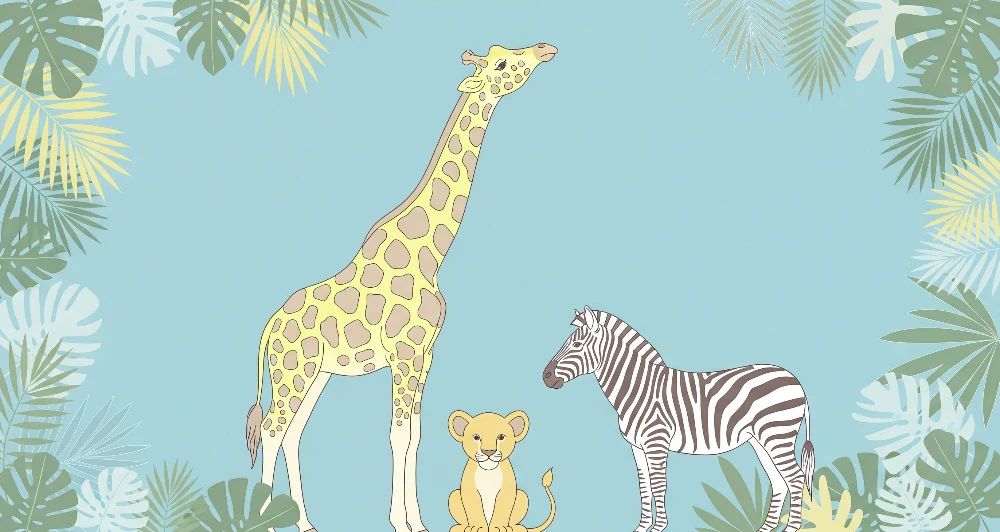 Tapet za detska staia | Dzhunglata s zhiraf, l'vicheto i zebra