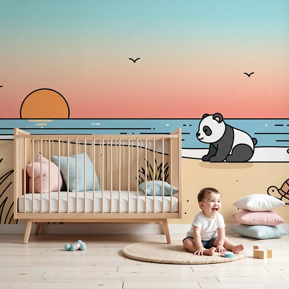 Tapet za detska staia | Panda i kornishka na plazhа
