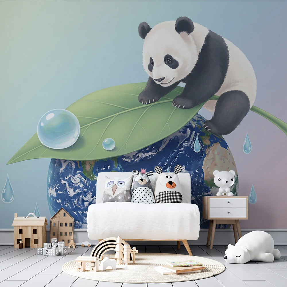 Tapet za detska staia | Slad'k panda na list nad zemiata