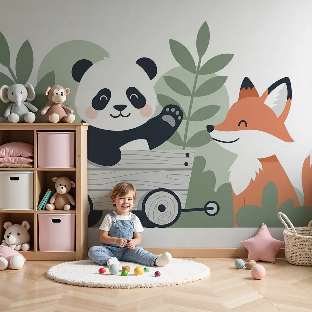 Tapet za detska staia | Vesel panda i priiaten lisitsa
