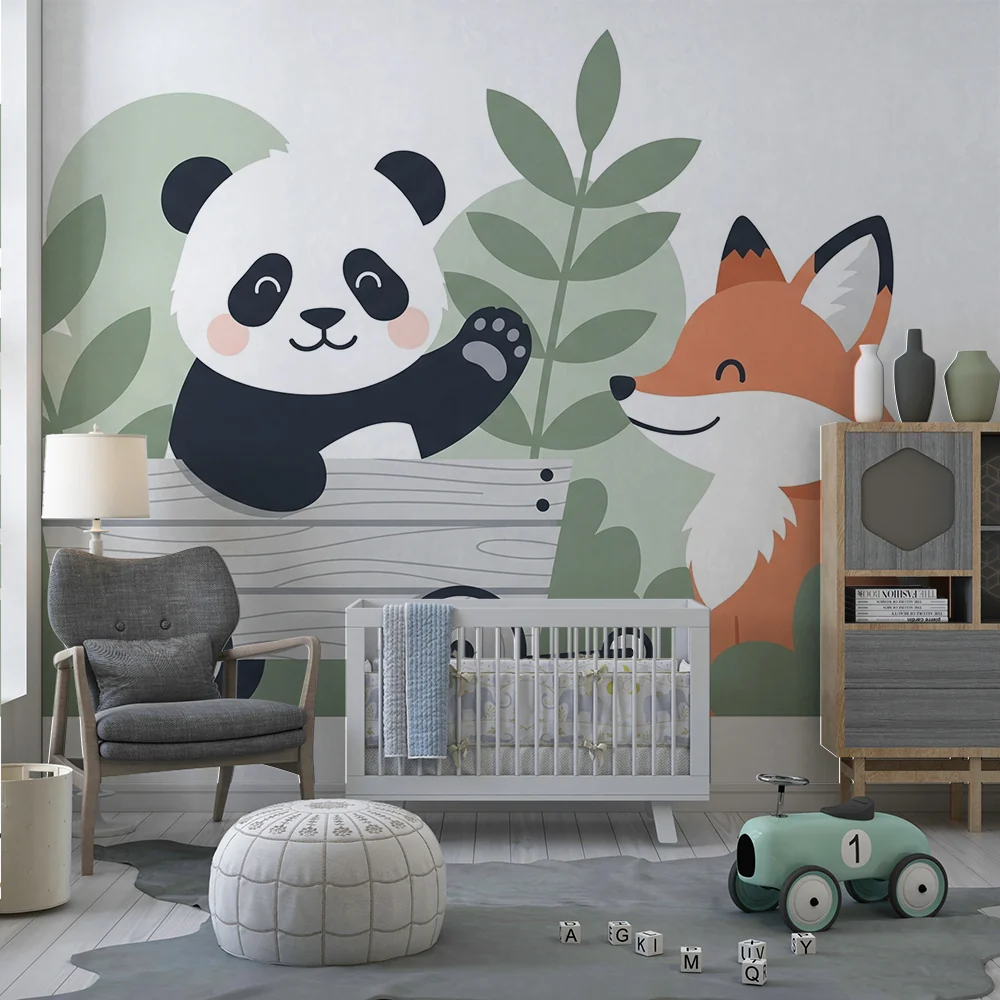 Tapet za detska staia | Vesel panda i priiaten lisitsa