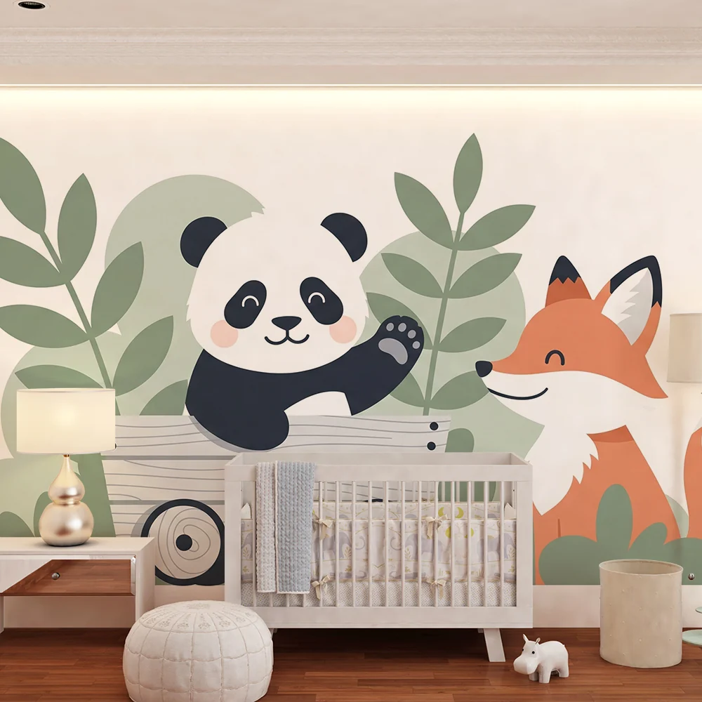 Tapet za detska staia | Vesel panda i priiaten lisitsa