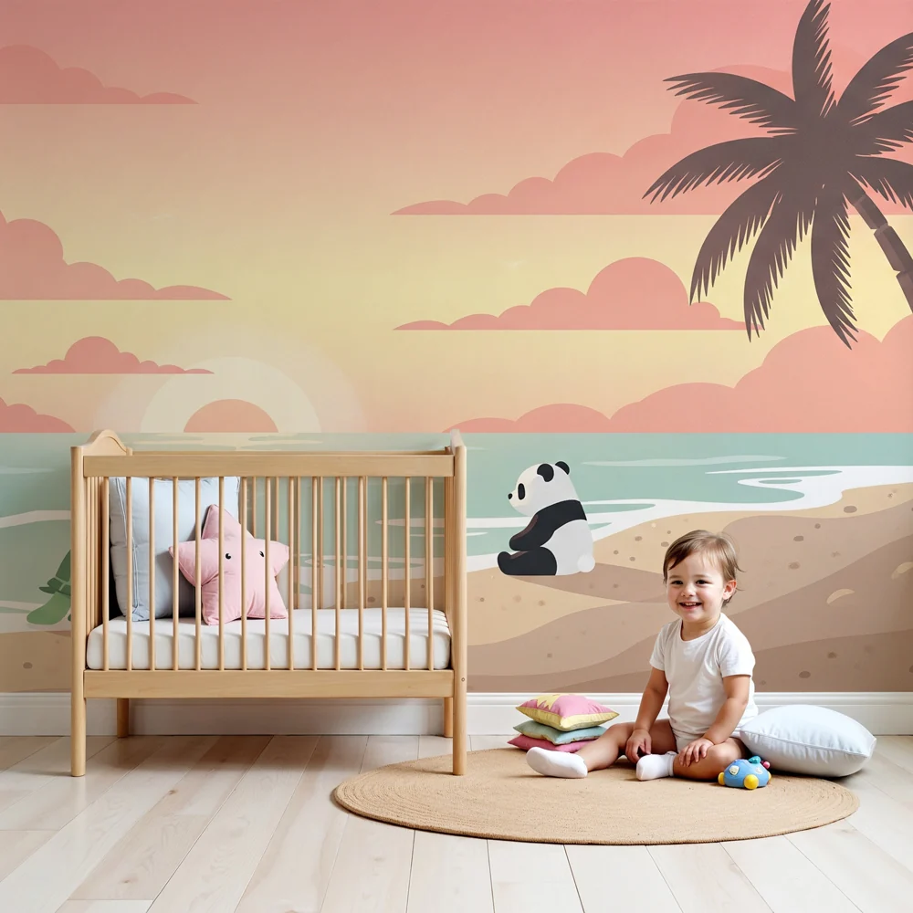 Tapet za detska staq | Tropichna plazh s panda i kareta