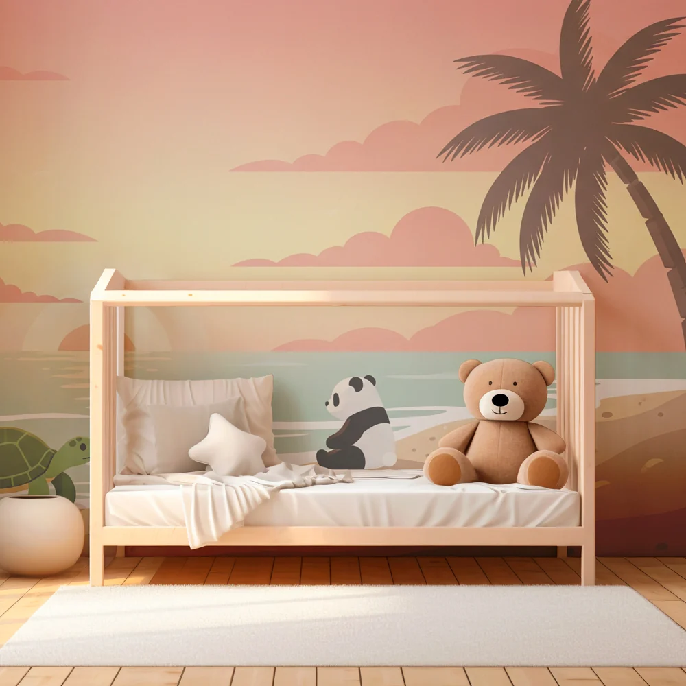 Tapet za detska staq | Tropichna plazh s panda i kareta