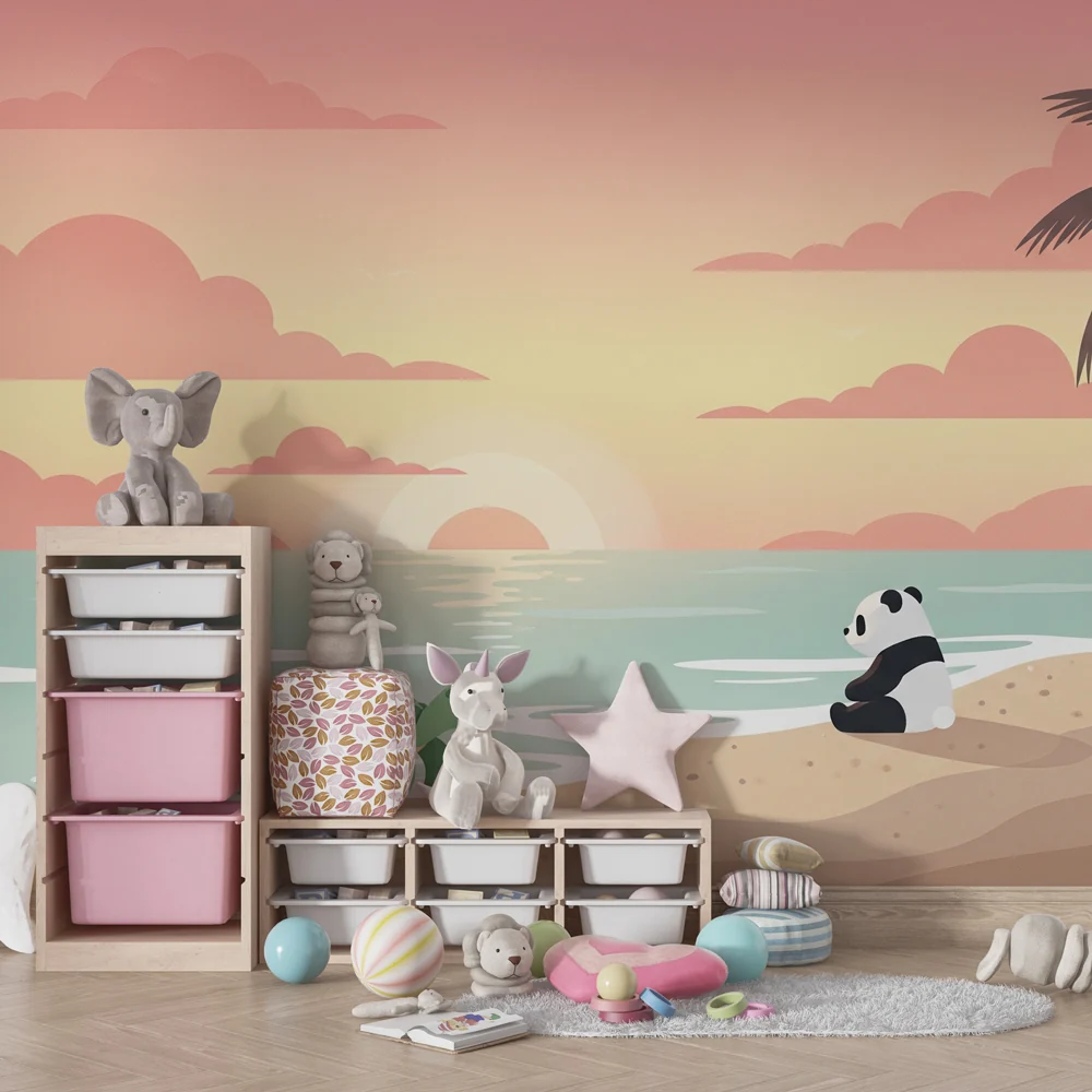 Tapet za detska staq | Tropichna plazh s panda i kareta