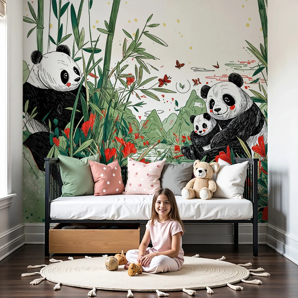 Tapet s panda | Очарователен пейзаж с панди и червени цветя