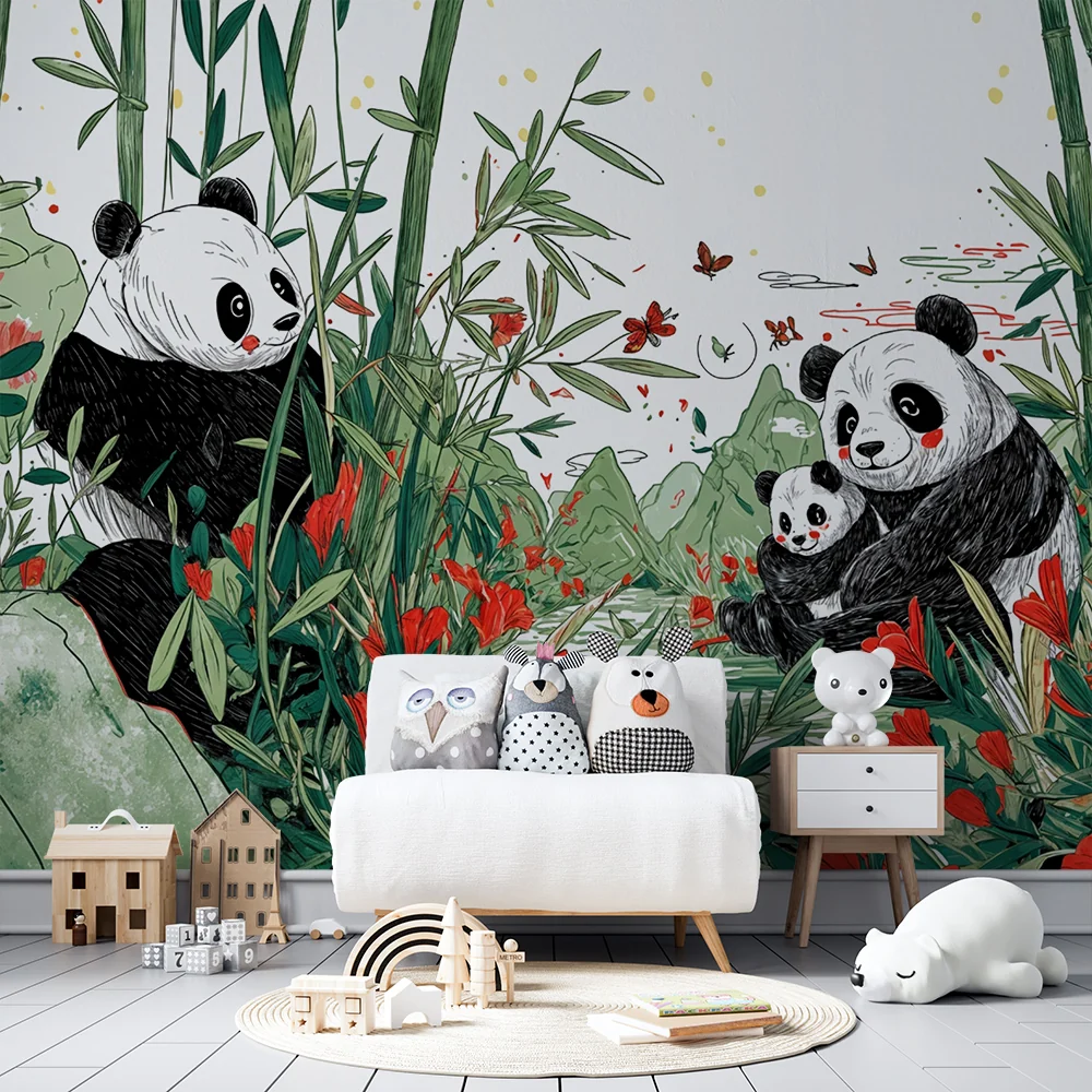 Tapet s panda | Очарователен пейзаж с панди и червени цветя