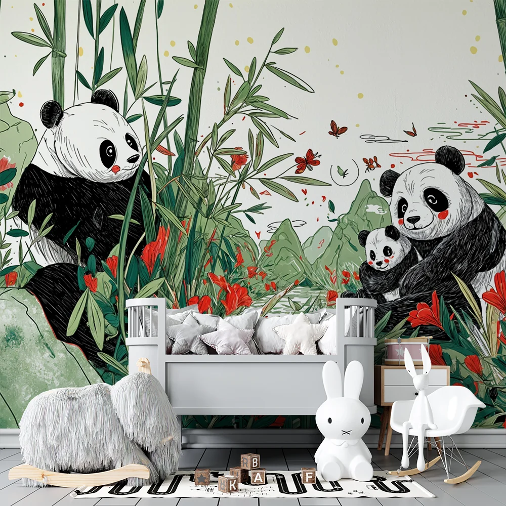 Tapet s panda | Очарователен пейзаж с панди и червени цветя
