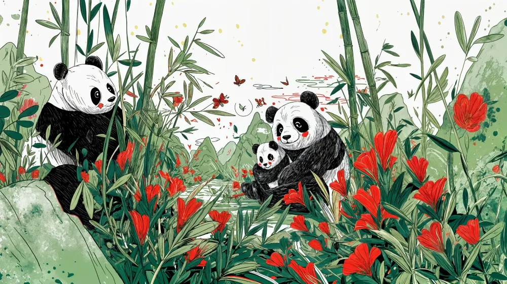 Tapet s panda | Очарователен пейзаж с панди и червени цветя