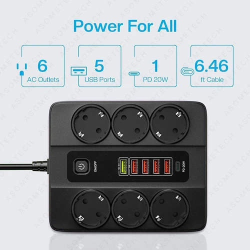 Универсален разклонител с 6 гнезда,3.4А, 5 USB порта и 1 Type-C портала, 3000W, Power Socket QC3.0.